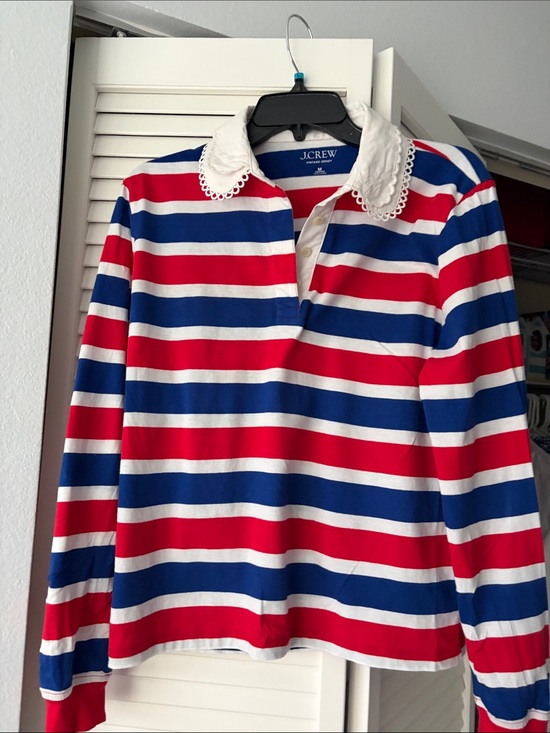 J. Crew Tops - J. Crew Red, White & Navy Striped Polo with Lace Collar